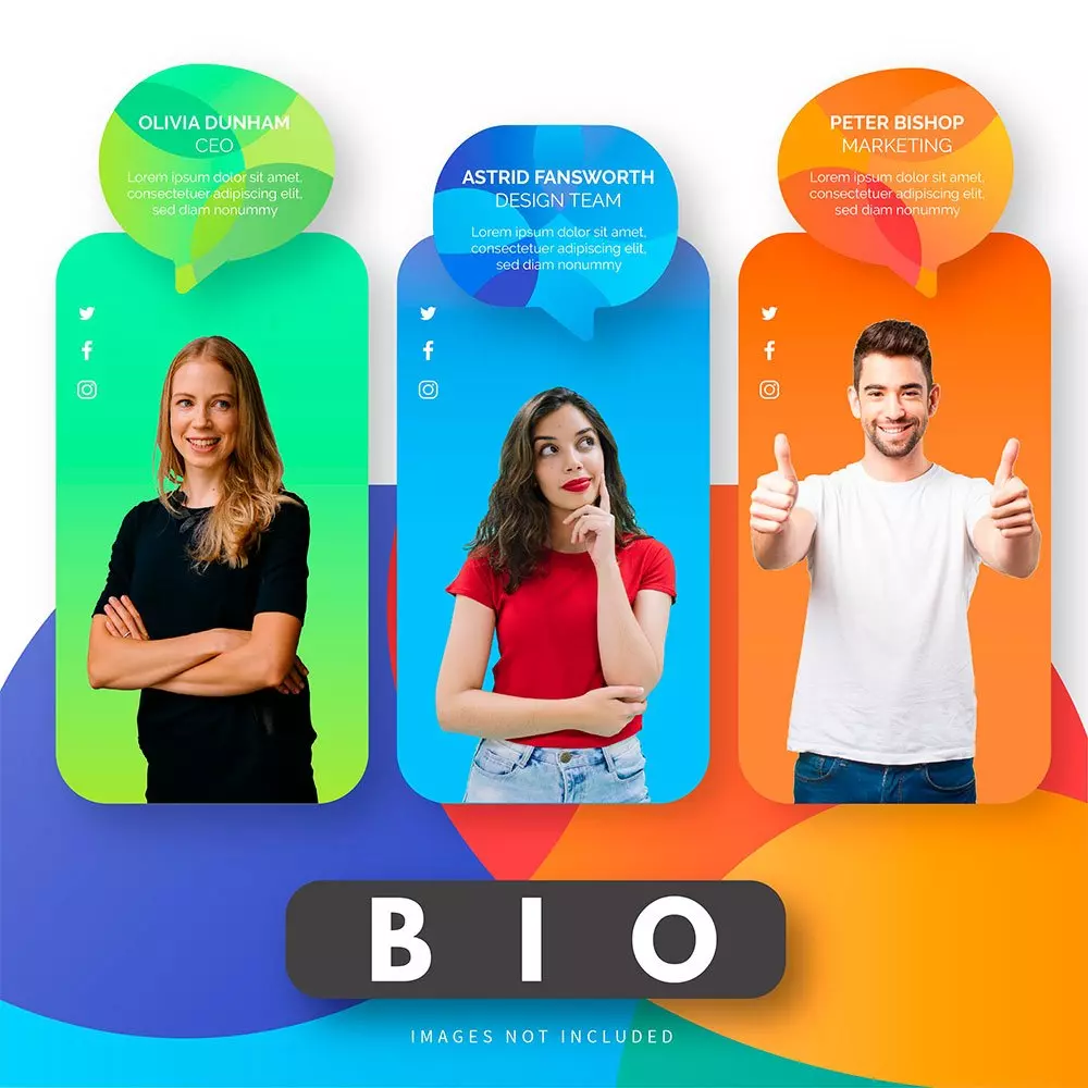 Example of professional team bio profiles with photos and social media links