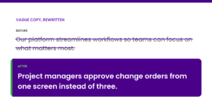 Before and after example of rewriting vague SaaS website copy into a specific claim